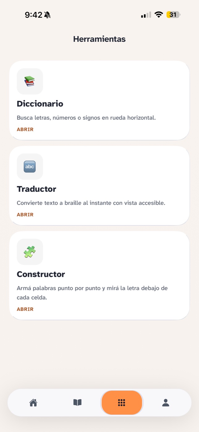 Pantalla de Herramientas de Braillito: tres tarjetas, Diccionario para buscar letras, números o signos; Traductor para convertir texto a braille al instante; y Constructor para armar palabras punto por punto.