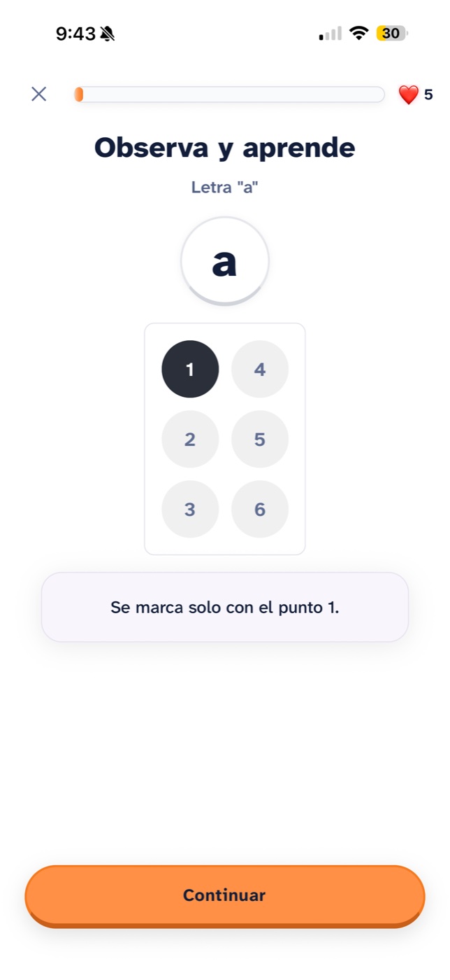 La lección Observa y aprende en modo claro: la letra a sobre fondo crema, la celda braille con el punto 1 marcado en oscuro y la explicación «Se marca solo con el punto 1».