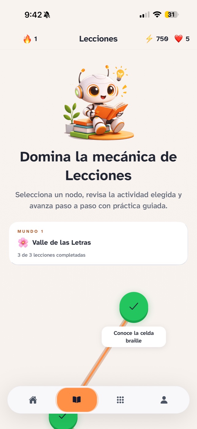 Pantalla de lecciones de Braillito: la mascota robot leyendo un libro, el Mundo 1 Valle de las Letras con tres de tres lecciones completadas, y el sendero de nodos verdes con la lección Conoce la celda braille.